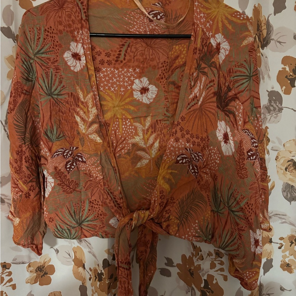 Pink Crop Blouse with Tie Front and Long Sleeves